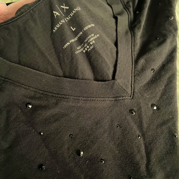 Luxury V Neck, Armani Exchange, Black T-shirt With Black Glitter Accents. - Picture 3 of 7